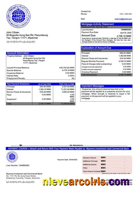 Myanma Investment and Commercial Bank mortgage statement Word and PDF template